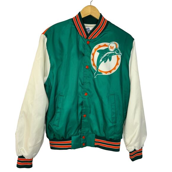 Vintage 80s Miami Dolphins Satin Jacket All Print NFL Football Chalk Line Mens M - Picture 2 of 10
